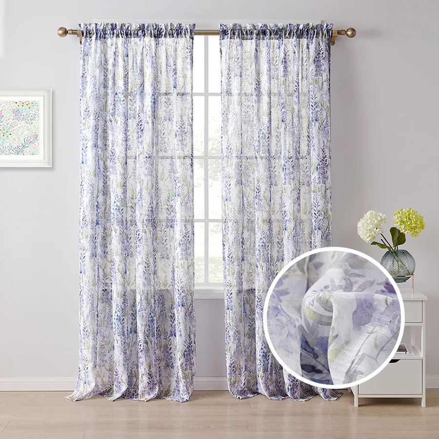 flora printing 2 Piece Semi Sheer Voile Light Filtering Window Curtain Grommet Panels 47W x 63 L Inch Long)