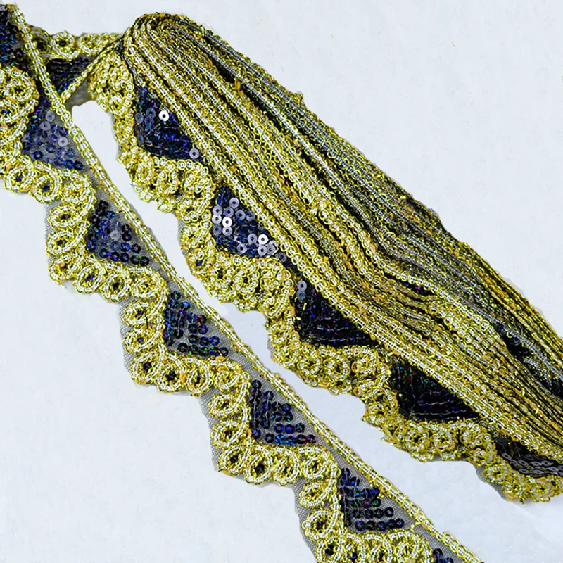 Factory cheap lace sewing polyestic fabric decorative net mesh embroidery triangle sequins fabric sequined lace trim 4.5cm wide