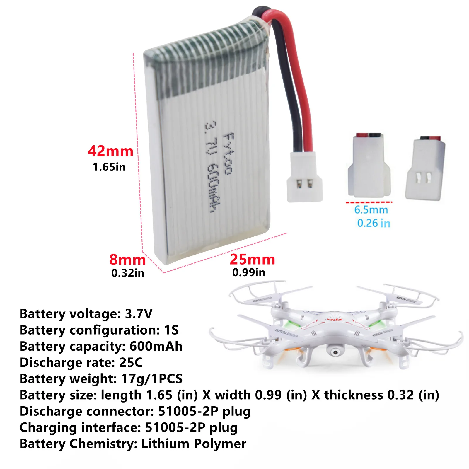 3.7V 600mah for X708 X708W X709 UDI U45 U45W U42 U42W RC 802540 SYMA X5C X5SW X5SC S5 S5C S5W E32HW SS40 FQ36 T32 T5W H4 CW4