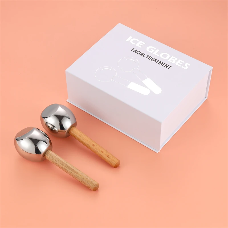 Custom Logo Two-Packs Beauty Products Wooden Handle 304 Stainless Steel Silver Magic Mini Ice Globe For Facial Massage