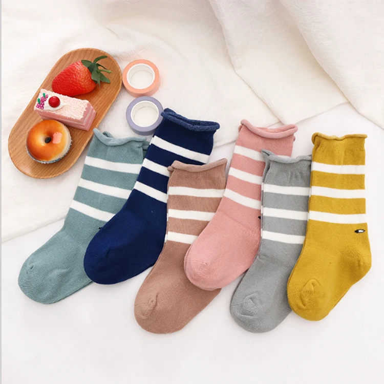 Custom Logo Cotton Boy Kids Children Tube Crew Socks Stripe Baby Girls Long Sock