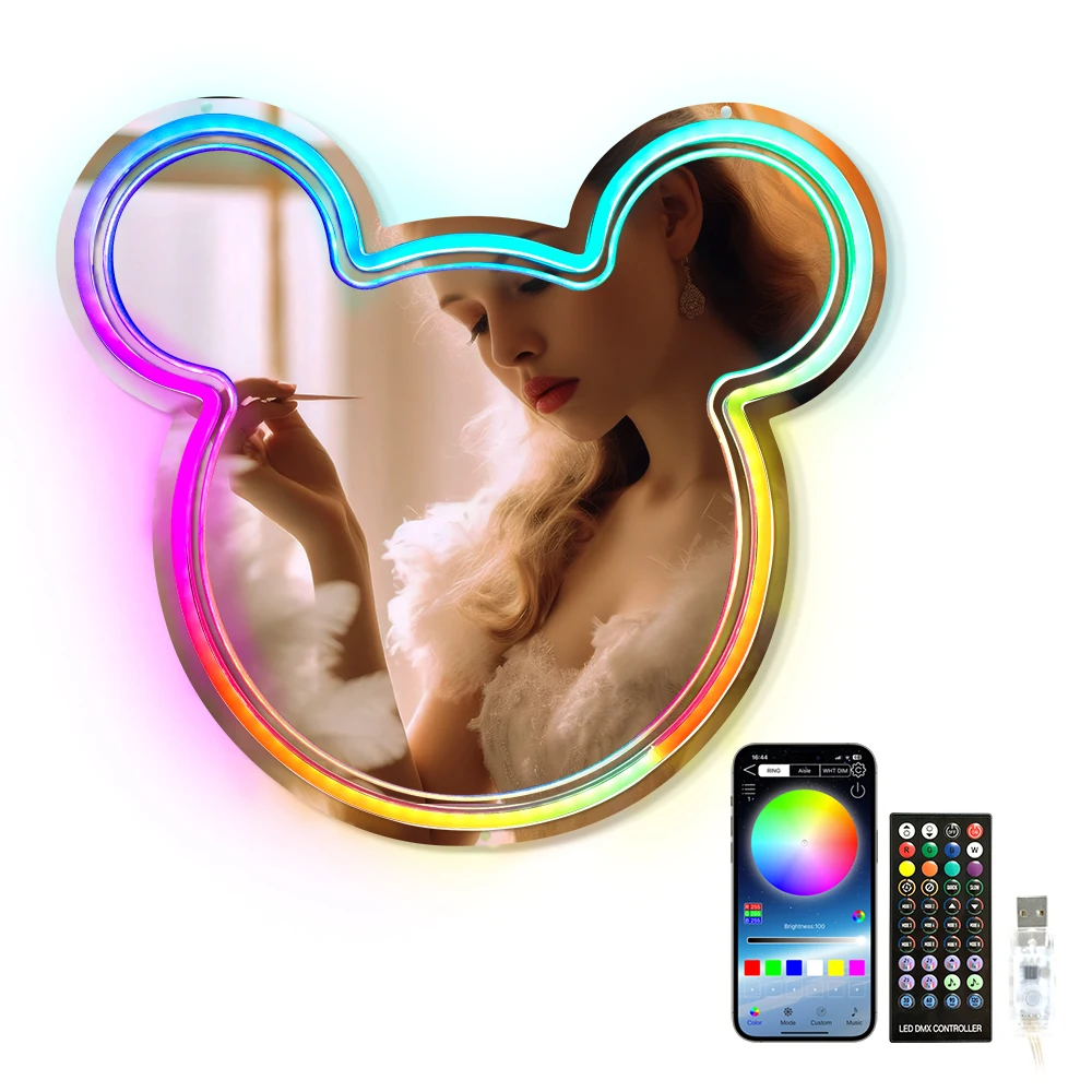 Dropshipping Mirror Acrylic Neon Light logo For Bedroom Birthday Party Bar Decor Neon Lights Bear Mirror Neon Sign