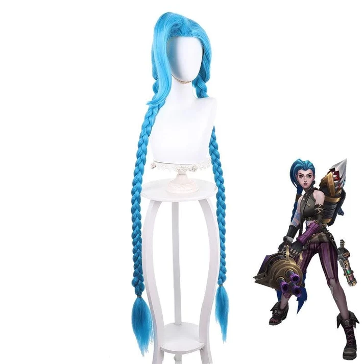 Game LOL Arcane Jinx Long Blue Bunches Cosplay Wigs Peluca Synthetic Cosplay Costume Wig