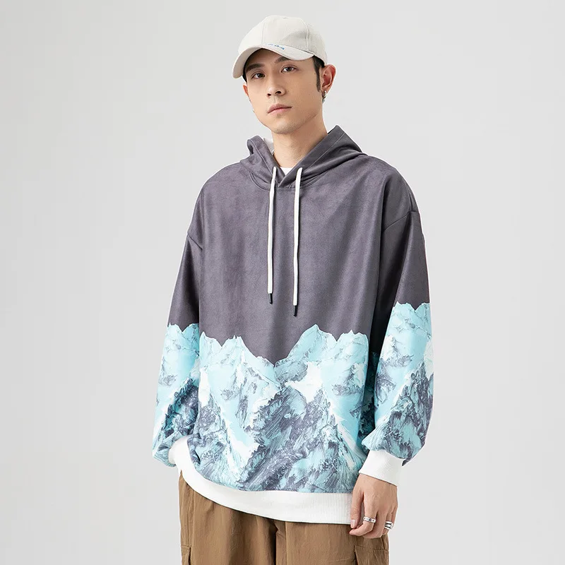 Chinese trend Printed Hooded Vests Men Autumn New Long Sleeve Coat Loose Personality Trendy Ins Plus Size Hoodies Sweatshirts