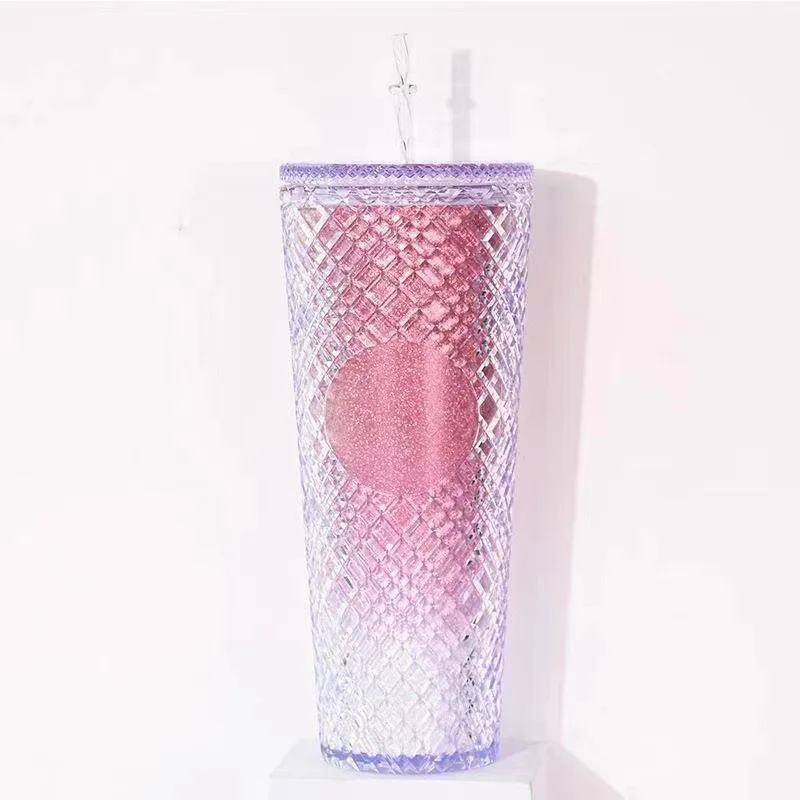 2024 New Multi-color Portable Double Wall Plaid Drink Transparent Diamond Cup With Straw