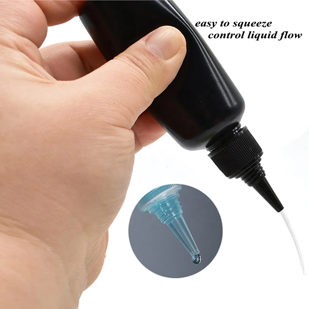 refillable Black PE plastic ink pigment applicator bottle 50ml 150ml 250ml plastic glue paint bottle with tip cap
