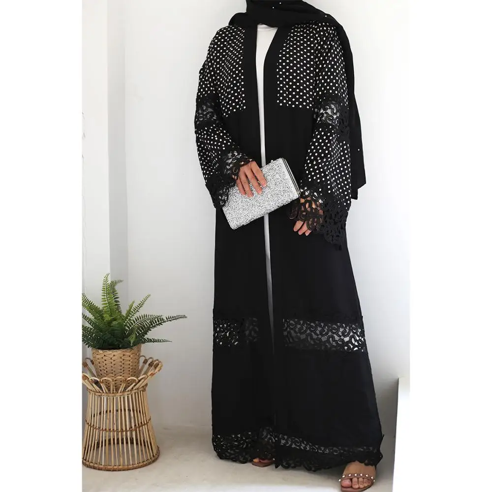 
2020 Latest design cardigan wholesale muslim pearl dress velvet Dubai kimono open abaya 