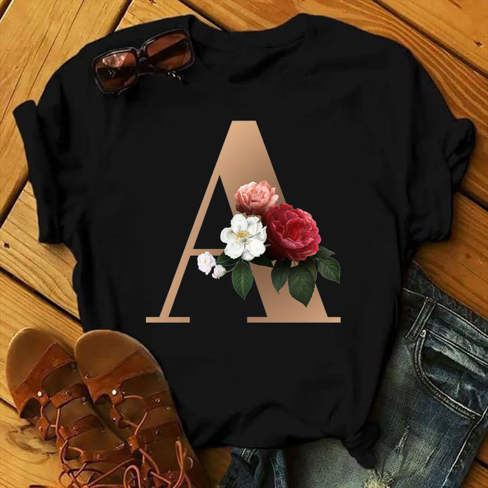 Изготовленный на заказ со словом рисунком именем буквами комбинации модная женская футболка с принтом цветок шрифт A B C D E F G Топы коротким рукавом черная одежда