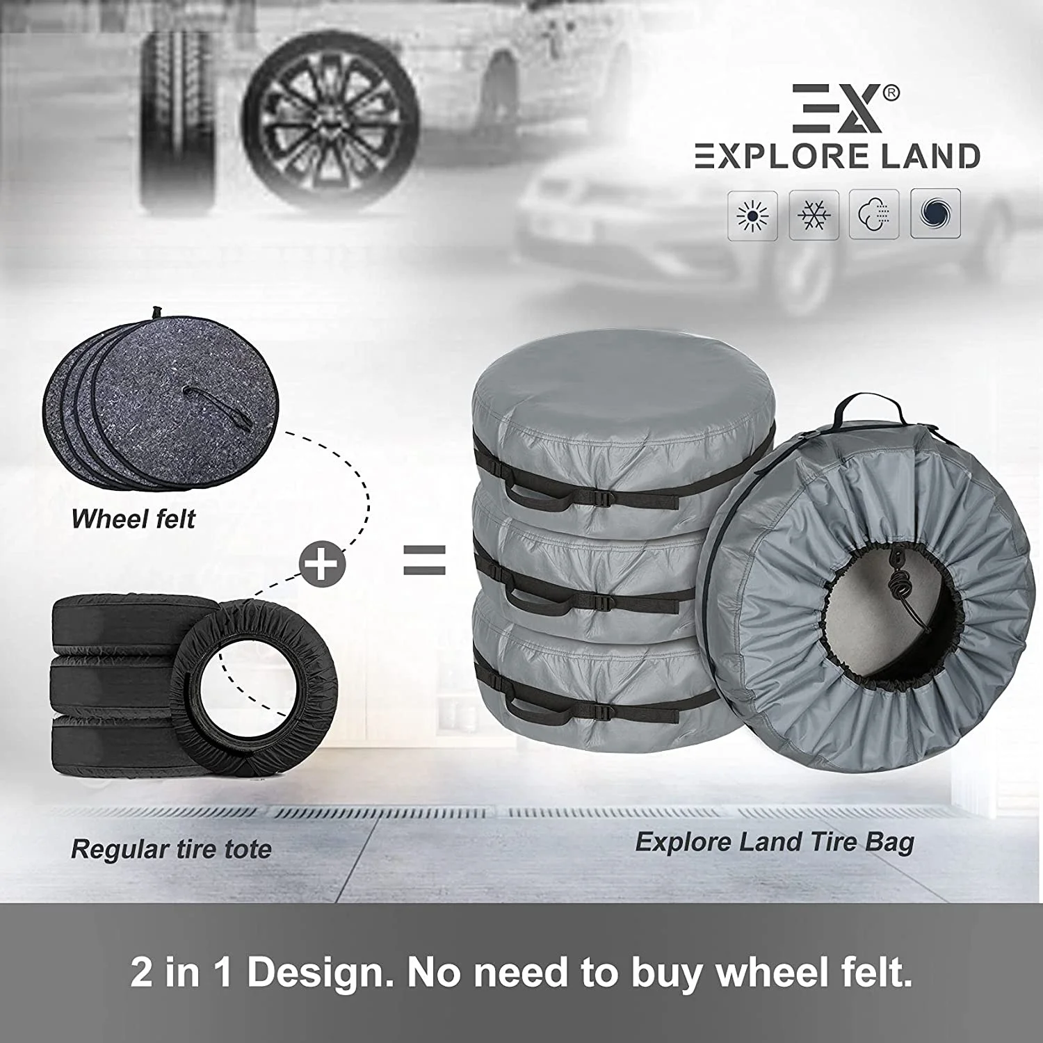 Tire Cover with Handle Seasonal Spare Tire Bag, Durable Winter Wheel Storage Tote Against Dust and Scratches, 4 Pack