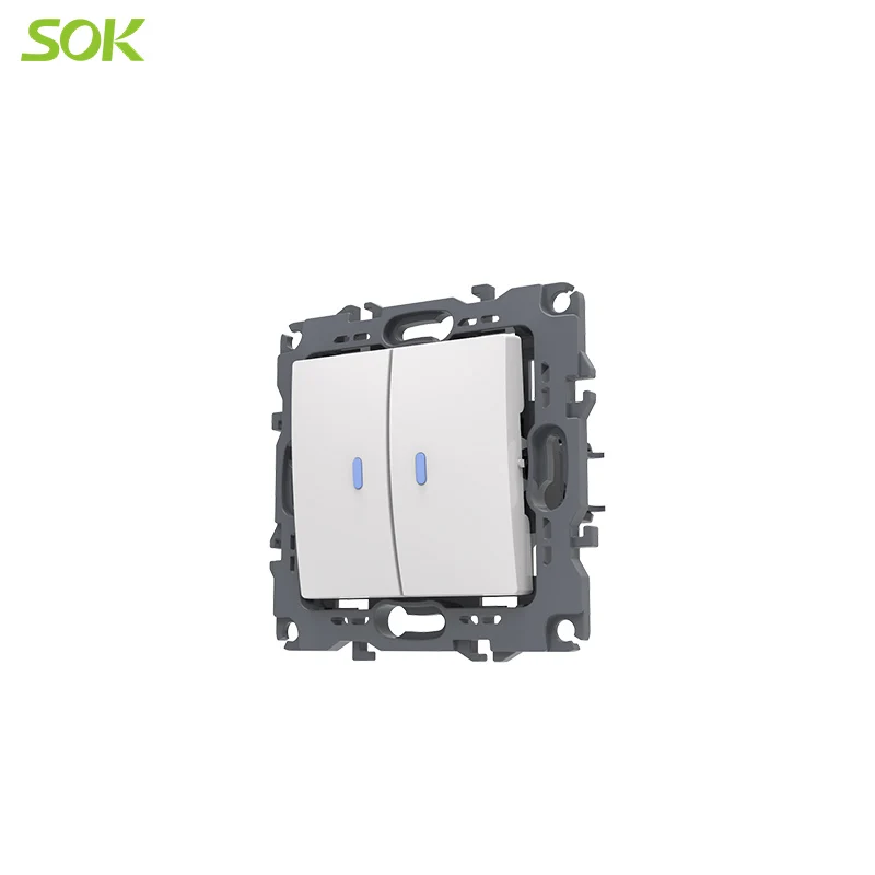 2 Gang 1 Way Light Switch with Indicator white Screwless Terminal wall switch and socket factory price wall switch