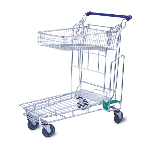 KAIJIA 2-tier metal folding shopping cart warehouse transport steel cargo logistic trolley flat trolley