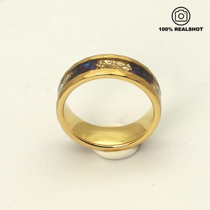 Unisex 8mm Tungsten Hammer Faceted Ring 18K Gold Plated Purple Foil Classic Elegant Design Engagement Anniversary Party Gift