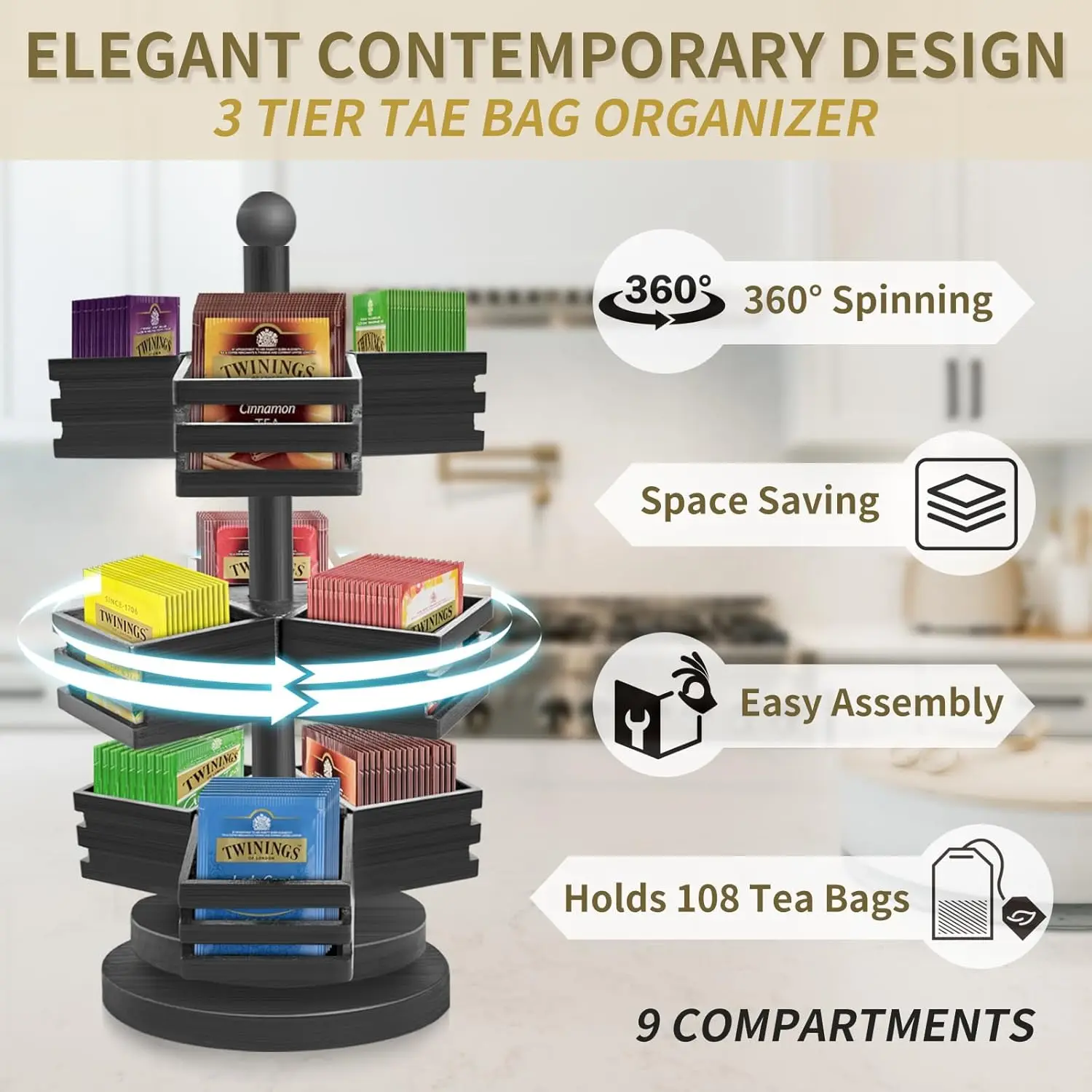 High Quality Wholesale 3 Tier Stackable  Bag Storage Holder Spinning Carousel with 9 Compartments Rotating Tea Bag for Kitchen
