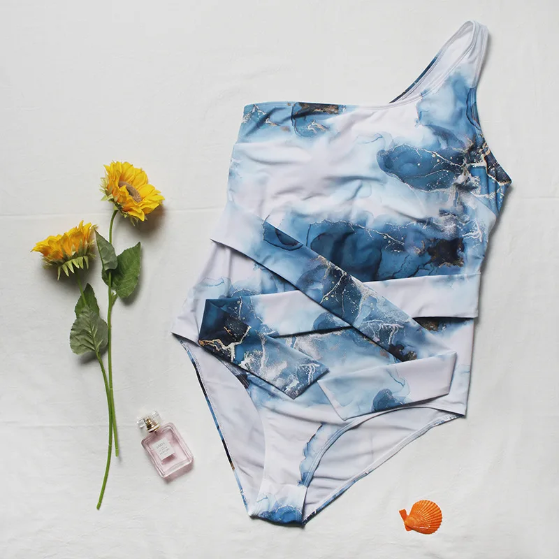 5xl Swimwear High Waist Swimming Bathing Suits Plus Size One Shoulder One Piece Bikini Tie Dye Swimsuit