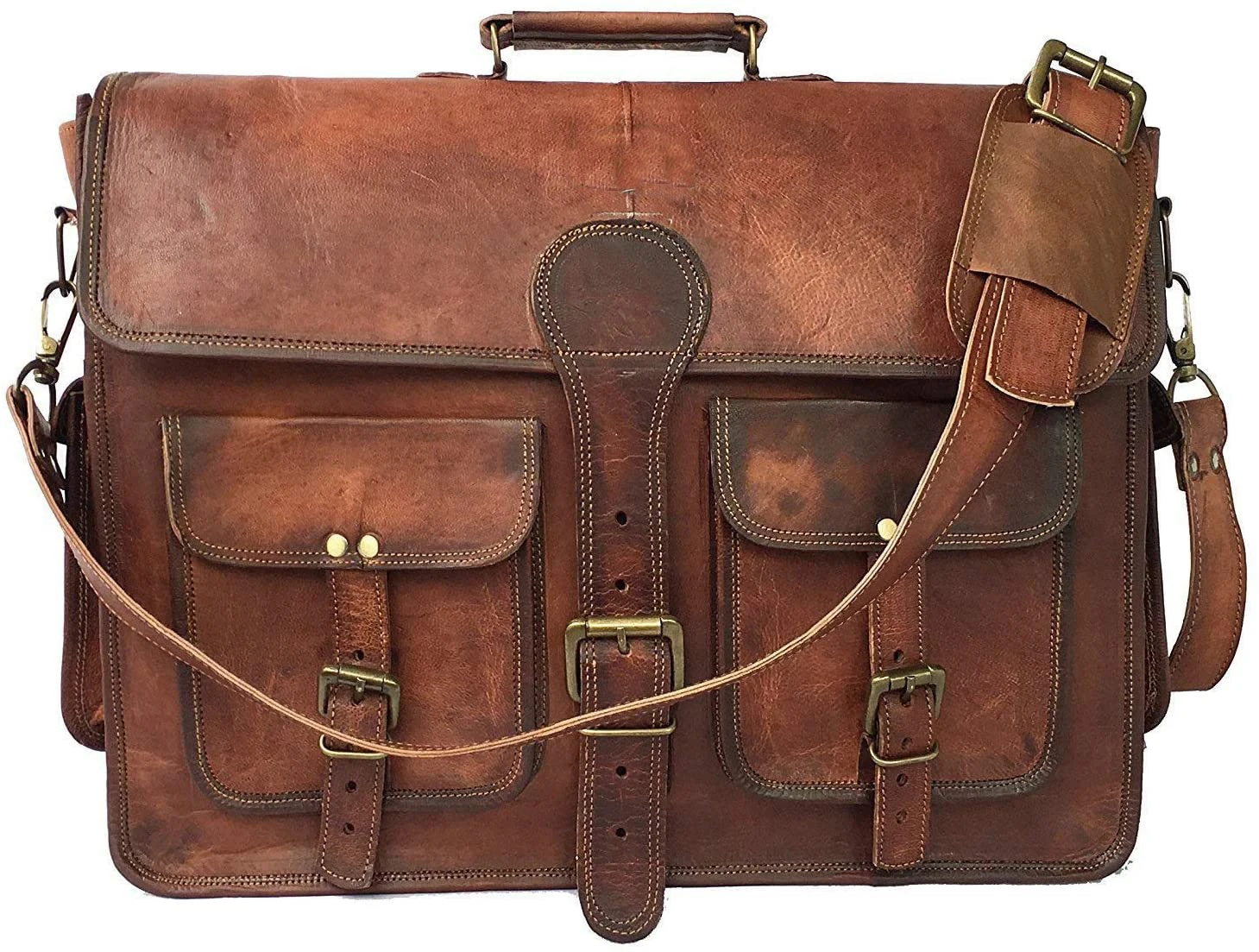 18 Inch Vintage Handmade Leather Travel Messenger Office Crossbody Bag Laptop Briefcase For Men And Women
