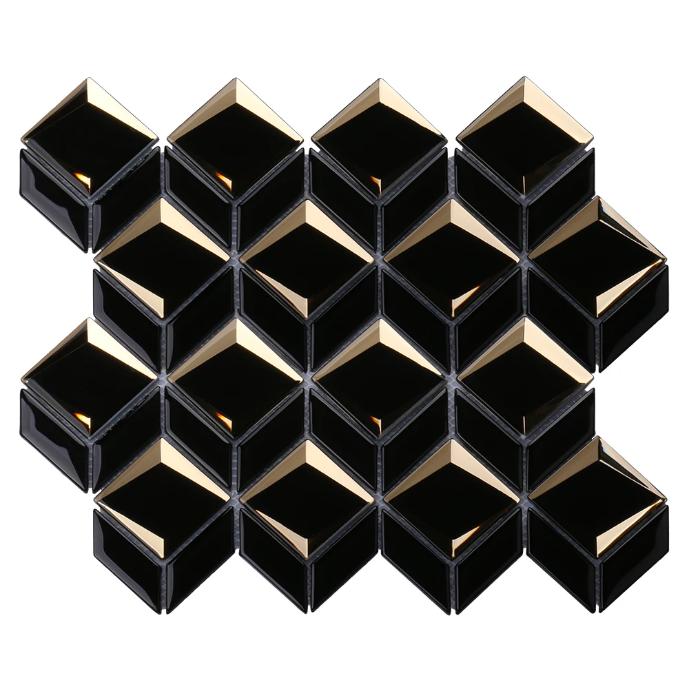 
Luxury 3D diamond mirror mosaics tiles irregular waterjet hexagon black and gold glass mosaic  (1600124289054)