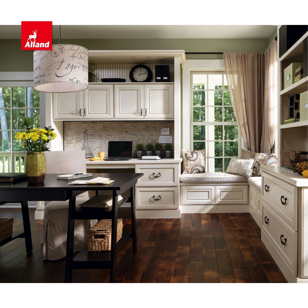 AllandCabinet Good Price Custom White Painting Nature Wood Office Furniture Cabinets with Recessed Beaded Panel Open Shelves