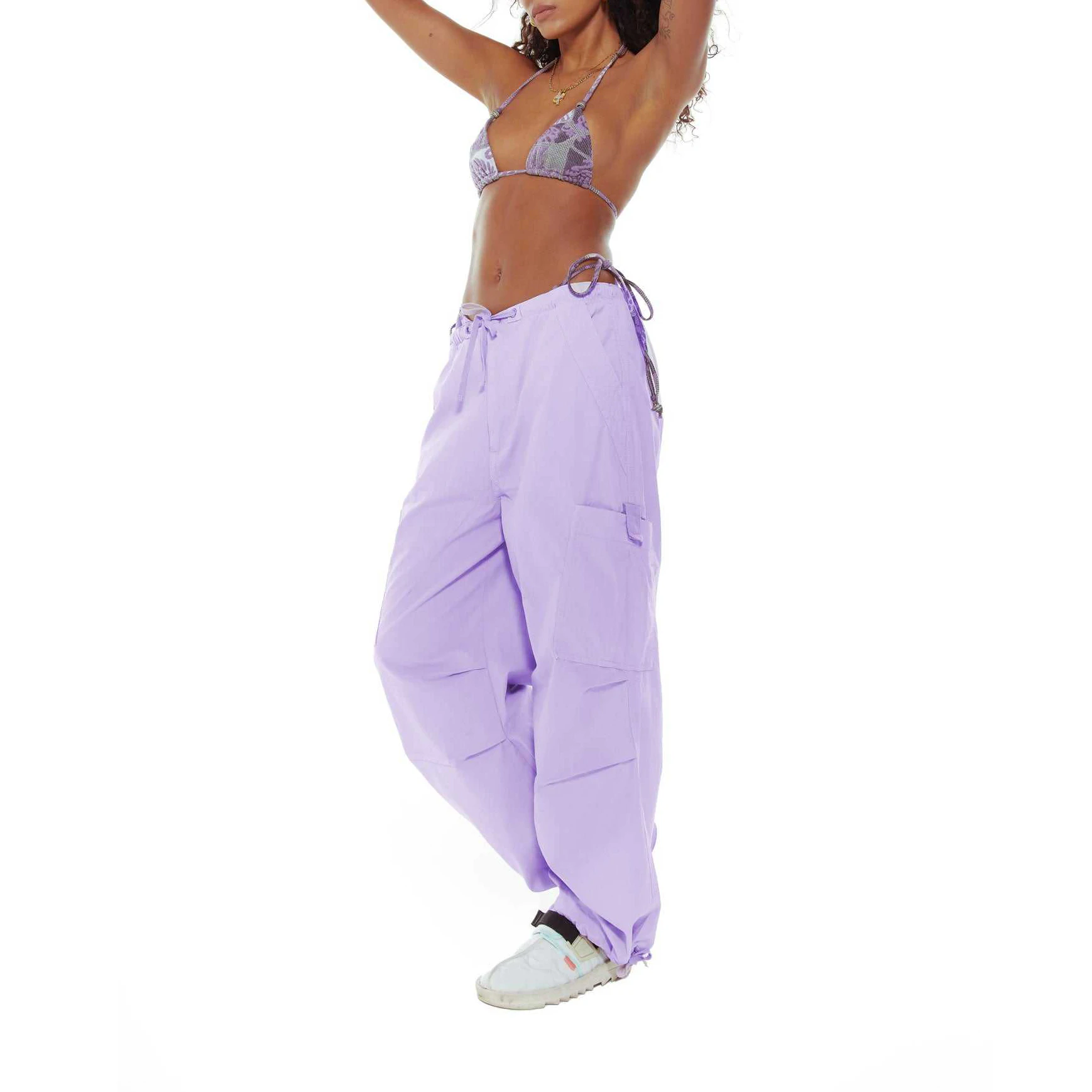 Custom Autumn Oversized Multi Pocket Style Baggy Cargo Pants Drawstring Waistband Pleated Knee Purple Woman Parachute Pants
