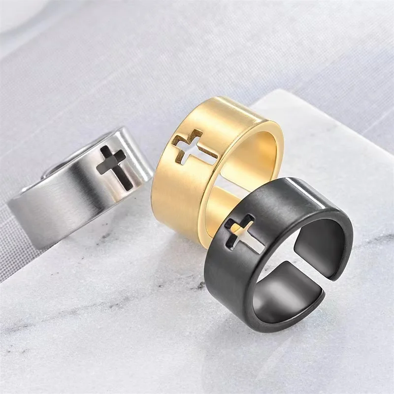 Stainless steel cross design adjustable ring simple gold-plated jewelry ring for women, men engagement gift ring
