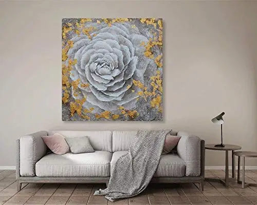 Hand Painted Modern White Flower With Gold Foil Print Artwork Pictures With Embellishment On Canvas For Bedroom Decoration