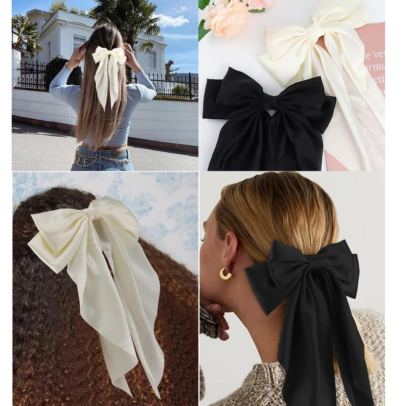 Silky Satin Long Tail mini solid color hair bows elastic hair bands for Girls Women