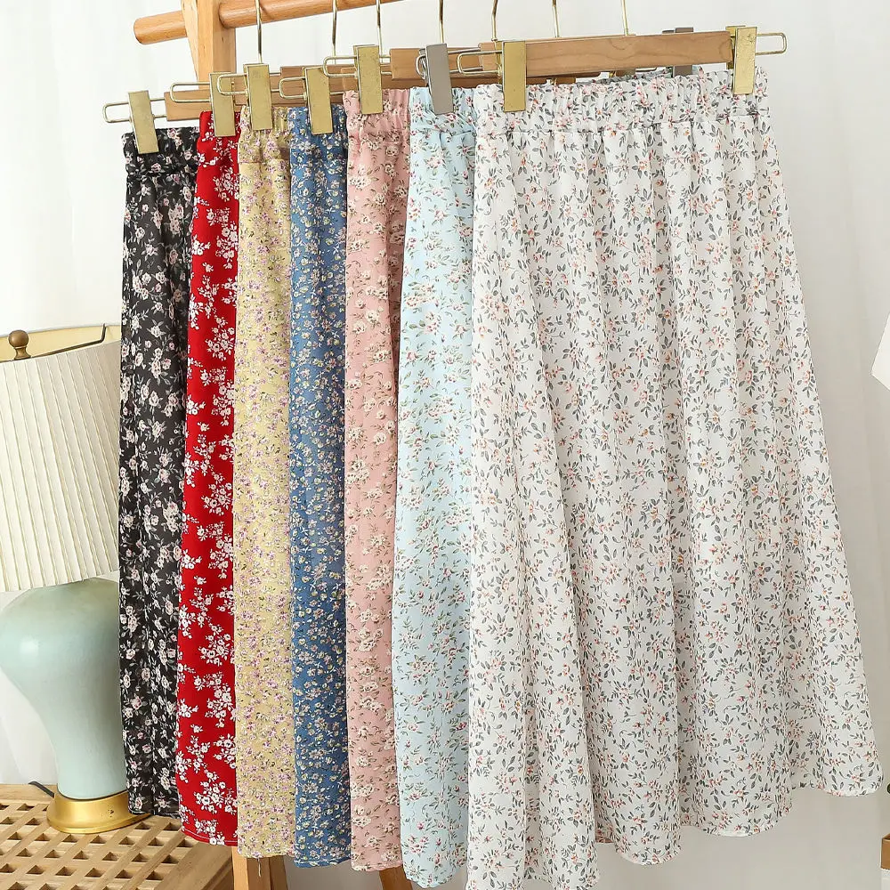 Chiffon Skirt Elastic High Waist Casual Midi Skirt For Beach Summer Skirts Womens Vintage Floral Printed
