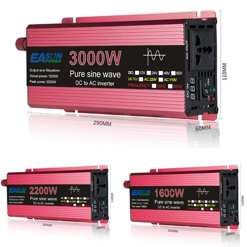 1KW 1.6KW 2.2KW 3KW inverter power inverter 12V 220V DC To AC Pure Sine Wave Solar Inverter Transformer 50hz60hz 24Volt Inversor