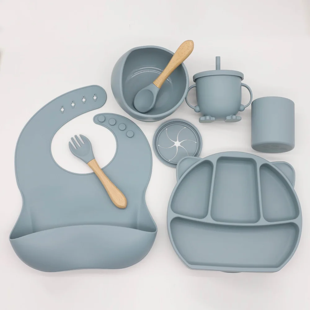 Hot sale new born baby silicone bib bowl straw snack cup water cup cat suction plate with spoon fork feeding set