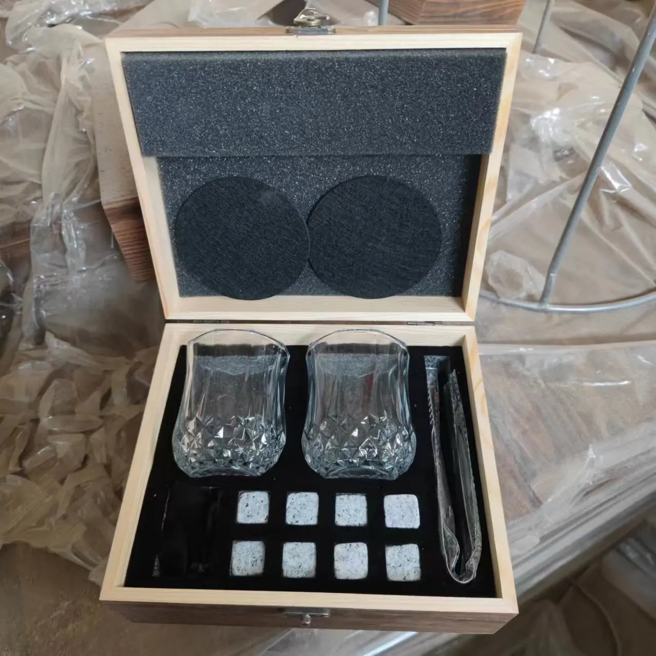 Luxury Whiskey Glass Gift Set in Wooden Box Includes 8 Whiskey Ice Stones Velvet Bag and Stainless Steel Tongs