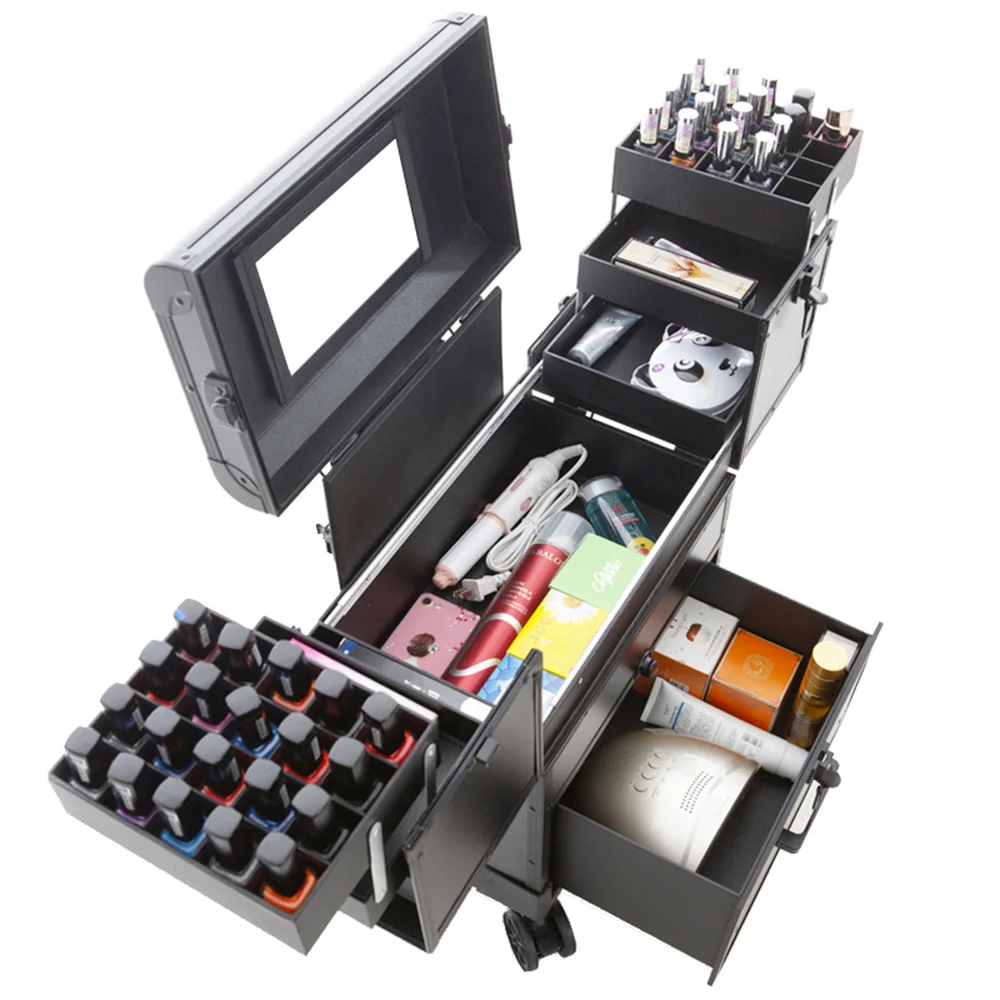 aluminum 4 wheel trolley mirror profession beauty TRAIN cosmetic storage case travel makeup organizer with mirror