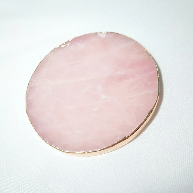 HY Rose Quartz Coaster Gold Electro Plating Square Stone Coaster 3' Drink Ware Wine Glass Pad semi-precious stone crafts
