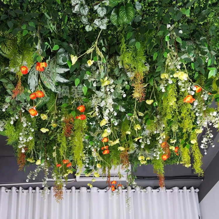 Hotel Restaurant Hall Roof Green Fake Leaf Wall Panel Faux Greenery Artificial Ceiling Hanging Leaves Plant for Ceiling Decor