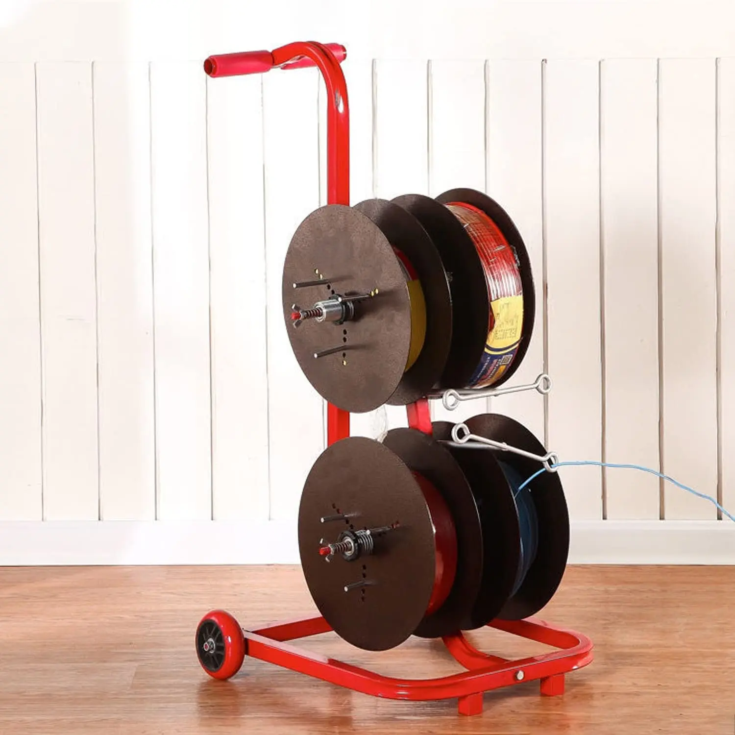 JH-Mech Easy to Install Multi-Spool Widely Used with Movable Wiring Storage Box Wheel Red Metal Cable Dispenser Storage