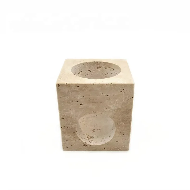 stonekocc Marble Craft Home Decor Natural Travertine Stone Incense Holder Essential Oil Fragrance Burner Candle Base SS Metal