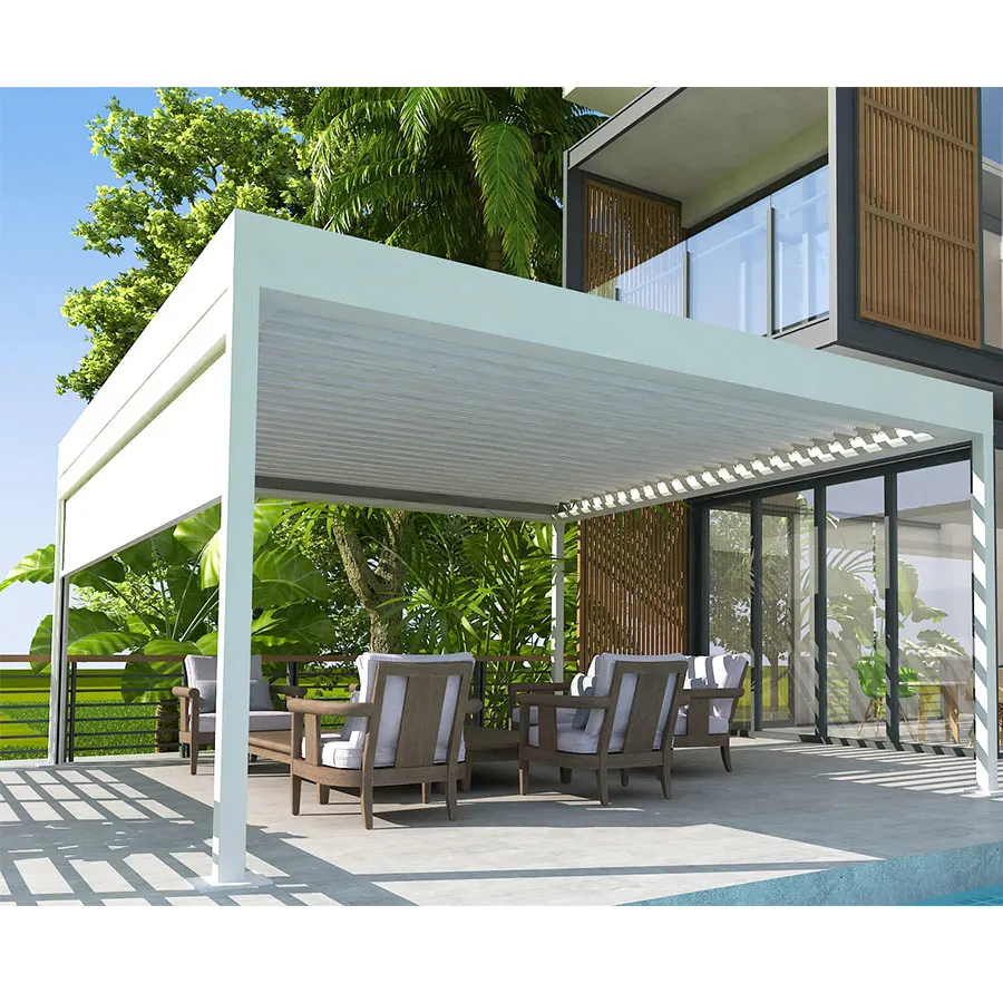 Customized Adjustable Waterproof Louvered Roof Motorized Aluminium Pergola with automatic sliding screen