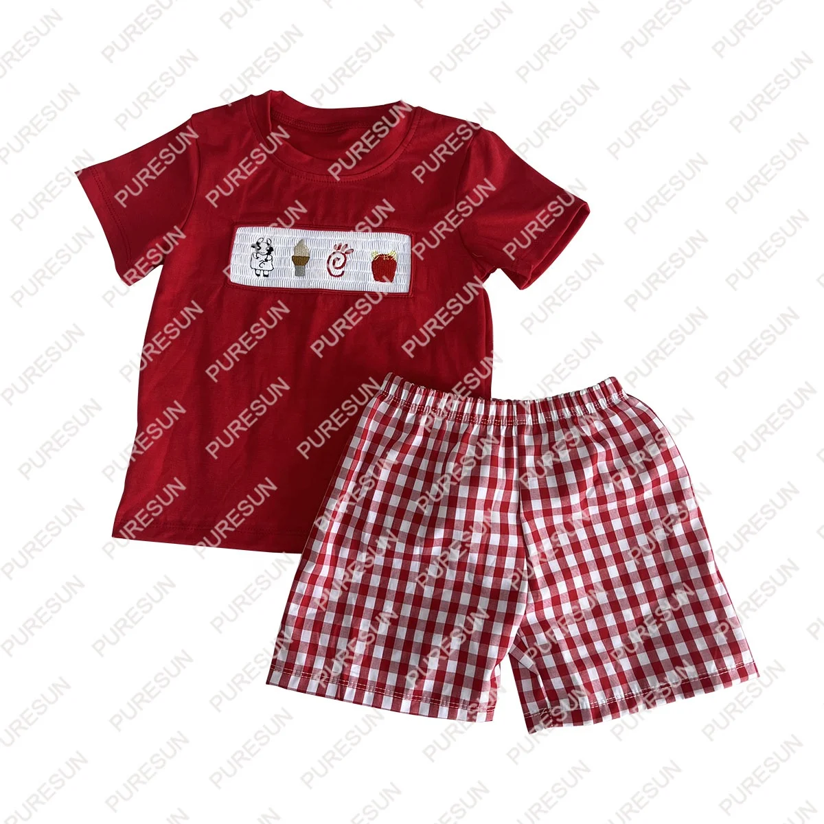 Puresun custom designs smocked baby clothes wholesale red gingham chick smocked baby girl boutique clothing set