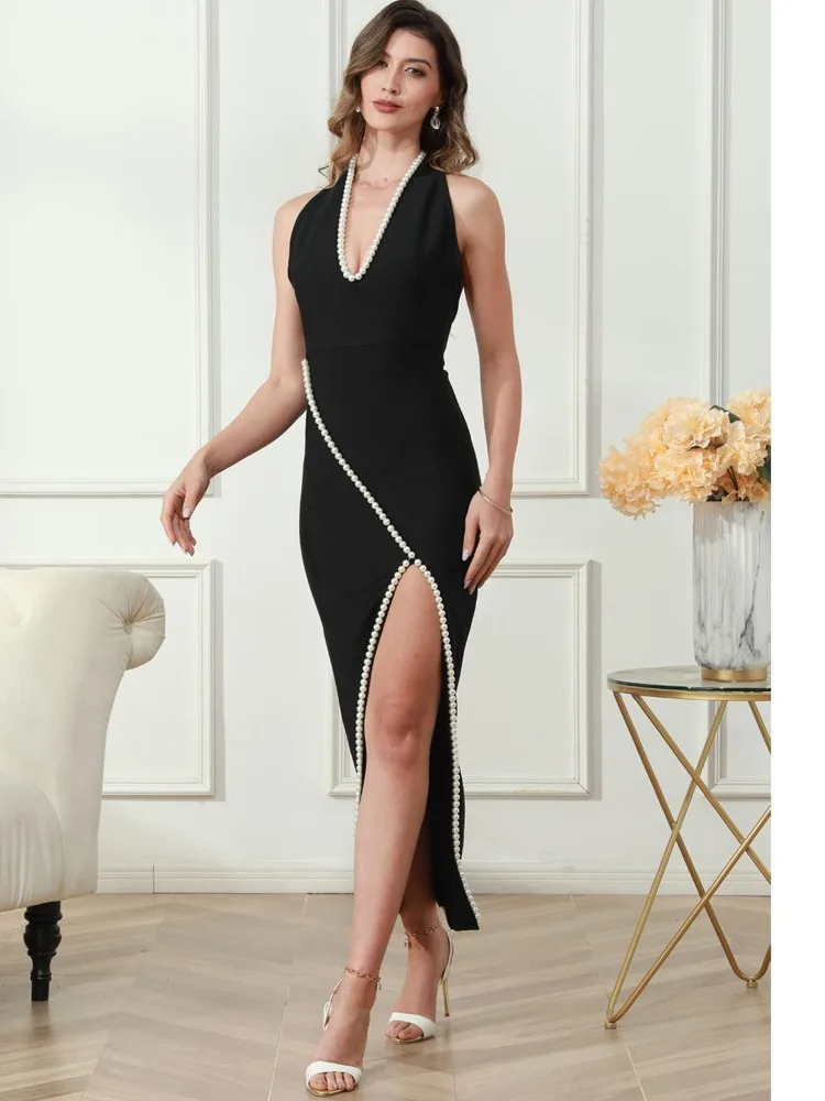 Black women long party dress pearl trim Deep V High Slit ladies sexy backless club maxi elegant knitted dress