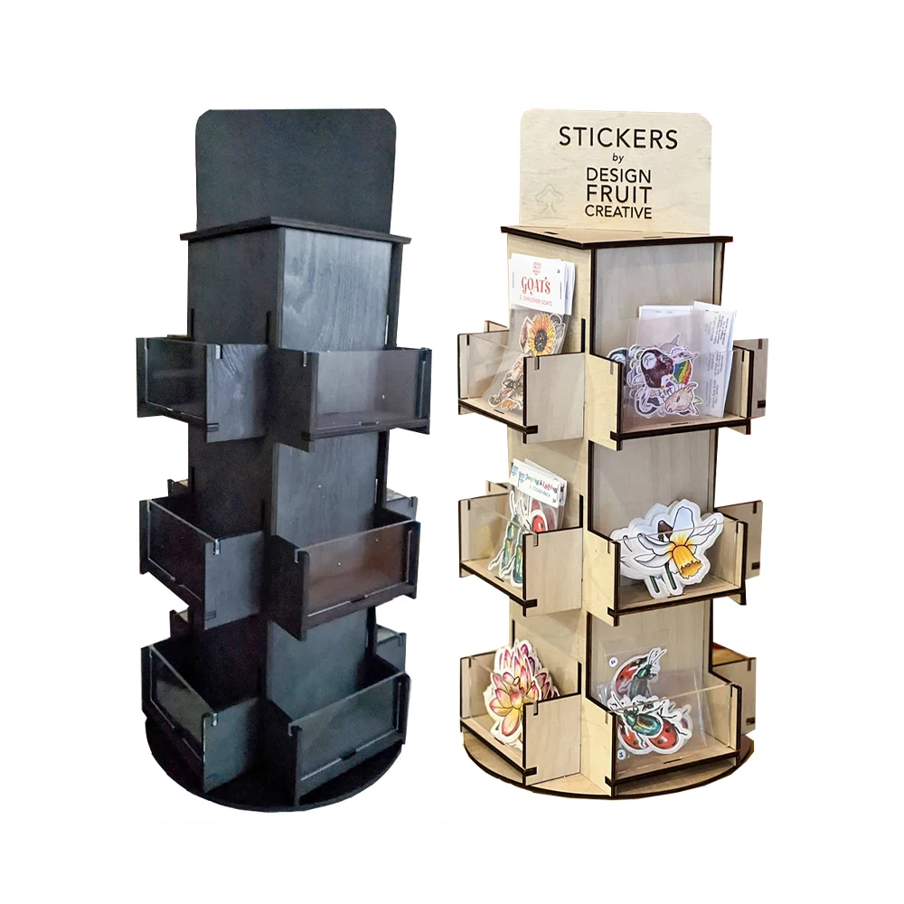 3 Tier Rotating Sticker Display Stand for Vendors,Wooden Countertop Organizer Shelf for Coasters, Retail, Showcase, Tradeshow
