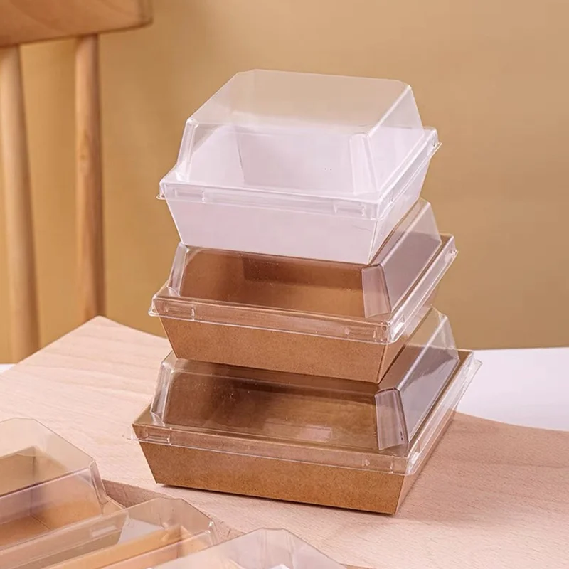 Recycled Paper Take Away Box with Plastic Lid Rectangular Square Bakery Food Packaging Cake Bread Snack Sushi Cookie Take-Away
