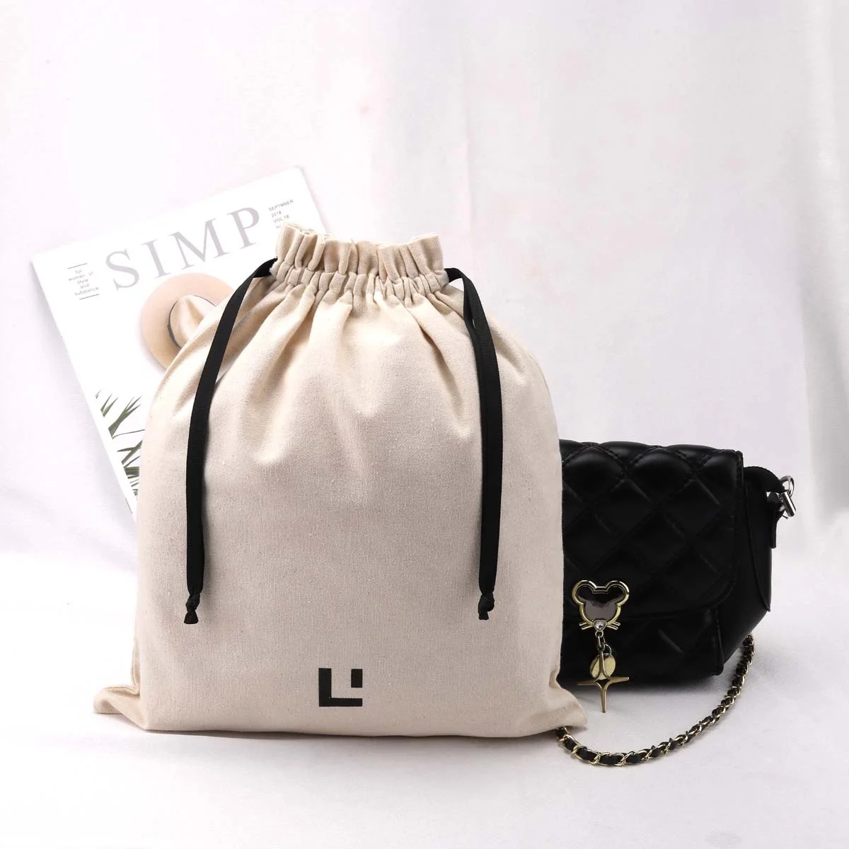 Eco-friendly Large Solid Natural Canvas Dust Packaging Drawstring Shopping Bag Custom Screen Logo Cotton Shoe Pouch