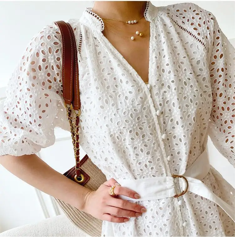 Новинка весна-лето 2023, белое платье с вышивкой, французская нишевая дизайнерская женская одежда