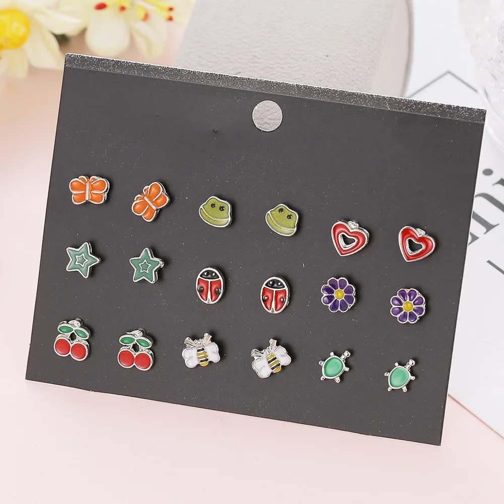 30 Pairs Mixed Colors Cute Enamel Daisy Mushroom Frog Fox Animal Stud Earrings Kids Jewelry Set