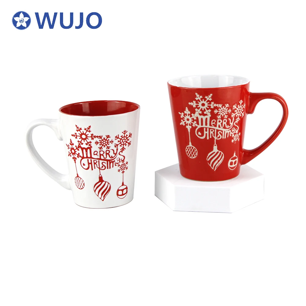 Red Color Inside Handmade Ceramic Mugs Christmas Embossed Logo Ceramic Mug