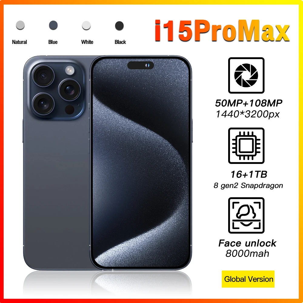 Original i15 phone 15 pro max neuf 7.3 inch 16GB + 1TB Clone smartphone 10-core celulares 15 pro max unlocked mobile phone