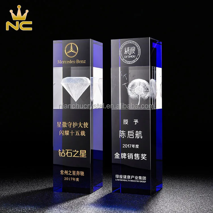 Wholesale Manufacturing Blue Custom Awards 3D Laser Engraved Crystal Diamond Trophy