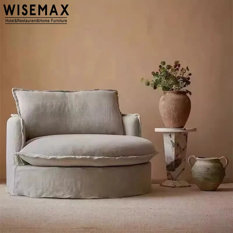 WISEMAX FURNITURE linen fabric feather down single sofa set luxury sofas round shaped floor couch sectional fabric sofa set