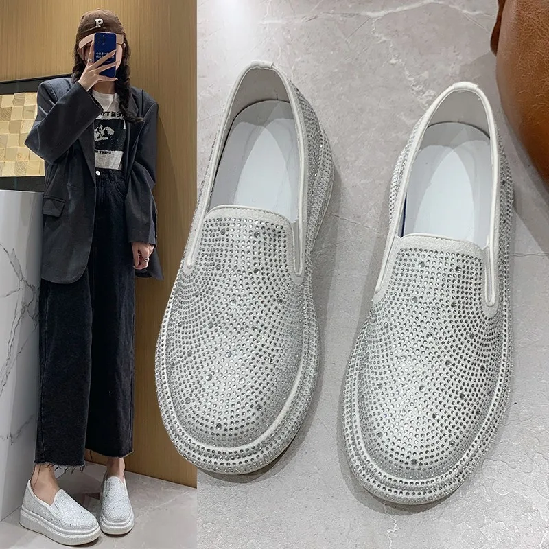 2024 women new style rhinestone breathable flexible thick sole loafers casual shoes