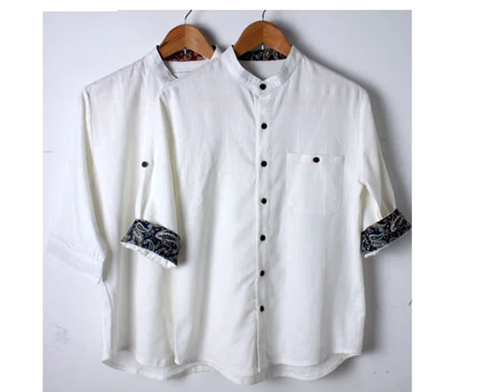 
OEM Mens casual half sleeve white shirts 100% linen banded collar shirt for men 