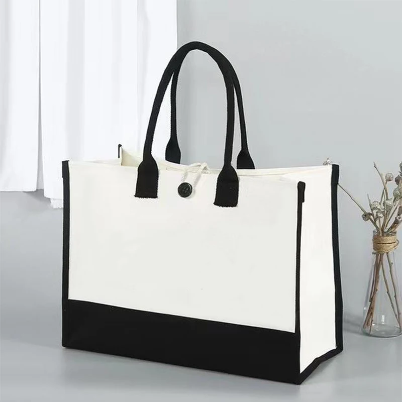 New Fashionable Multi Purpose Cream Color Women Handbags Cotton Shopping Beach Bag Two-tone Canvas Tote Bag Wit Black Handles