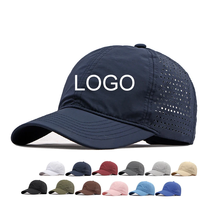 Custom High Quality 6 Panel Quick Dry Navy Polyester Sports Baseball Cap Men Fashion Pvc Logo Laser Cut Hole Perforated Dad Hat